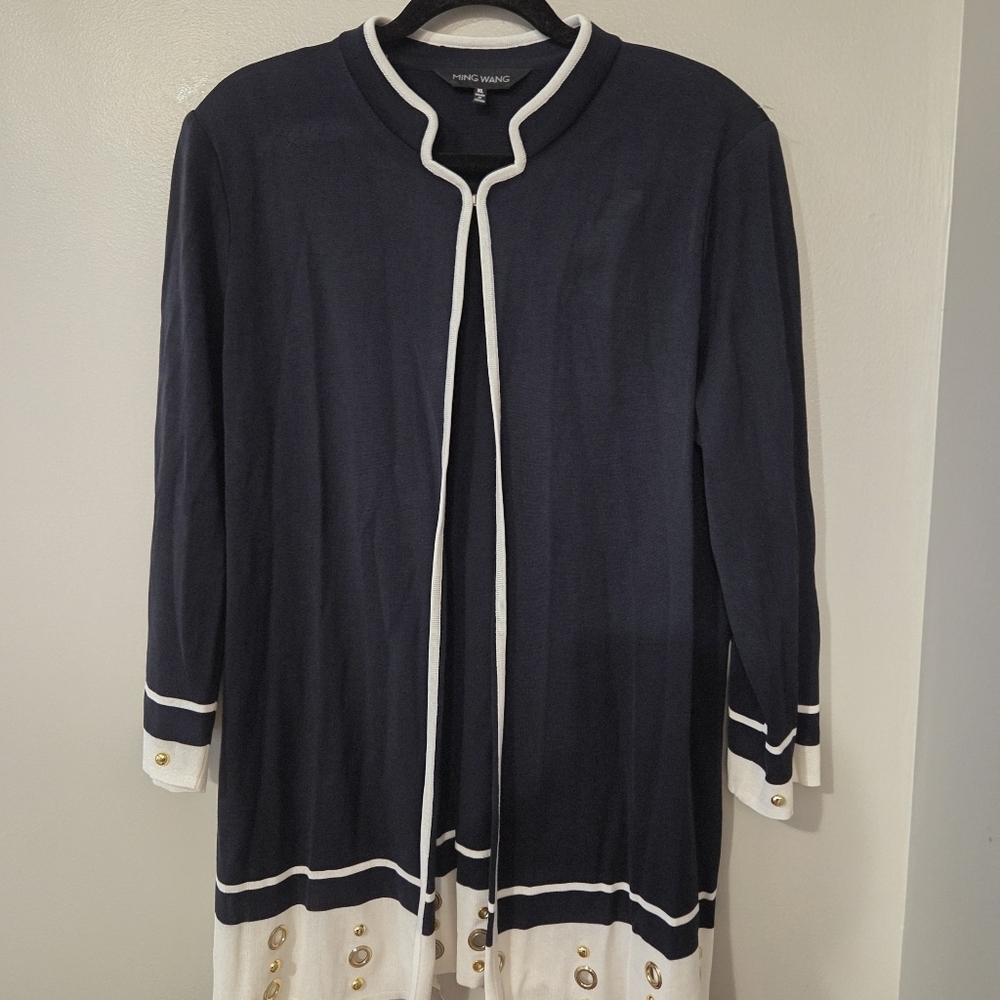 Ming Wang Women's Blue/White Blazer Cardigan.  Size XL Preppy Office Classic